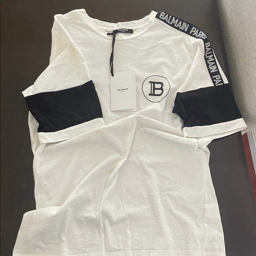 Balmain White and Black Logo Tee